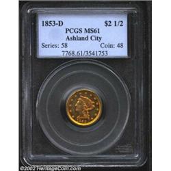 1853-D $2 1/2 MS61 PCGS. Winter 16-L. A dazzling example of this low mintage Southern gold rarity, l