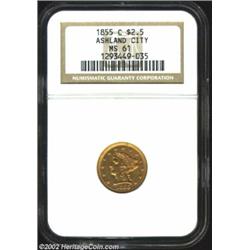 1855-C $2 1/2 MS61 NGC. Winter 16-I. The elusive 1855-C Quarter Eagle is tied for first in overall r