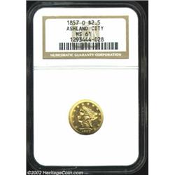 1857-O $2 1/2 MS61 NGC. Very well detailed, although not quite as sharp as the preceding '57-O, with