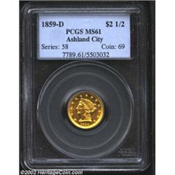 1859-D $2 1/2 MS61 PCGS. Winter 21-L. The final year of Quarter Eagle production at the Dahlonega Mi