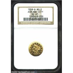 1859-D $2 1/2 MS61 NGC. Winter 21-L. A second Uncirculated representative from this popular final ye