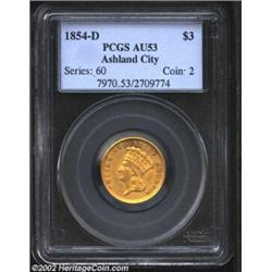 1854-D $3 AU53 PCGS. Winter 1-A. The 1854-D is the only Dahlonega issue in the challenging Three Dol