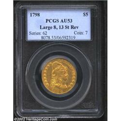 1798 $5 Large Eagle, Large 8, 13 Star Reverse AU53 PCGS. B. 2-D, Miller-27, R.4. Immediately attribu