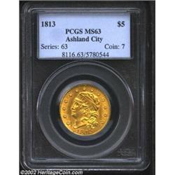 1813 $5 MS63 PCGS. B. 1-A, Miller-119, R.3. Among Robert Scot's Capped Head Left design, the 1813 is