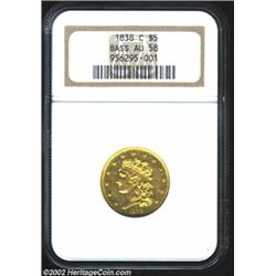 1838-C $5 AU58 NGC. Ex: Bass. Normal 5. McCloskey 1-A, R.5. This variety is distinguished as having.