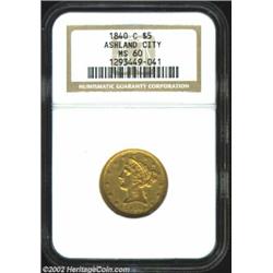 1840-C $5 MS60 NGC. Winter 2-B. Die State I. The 1840-C is very rare in all grades with only 70-80 p