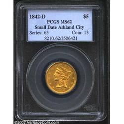 1842-D $5 Small Date MS62 PCGS. Winter 6-E. This is the second finest known Small Date 1842-D Half E