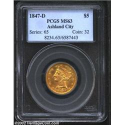 1847-D $5 MS63 PCGS. Winter 13-I. The 1847-D is one of the more available D-mint Fives, as one might