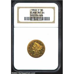 1848-C $5 MS64 NGC. Ex: Elrod. Winter 11-E. Listed as the finest example known on Winter's Condition