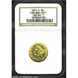 1850-C $5 MS61 NGC. Winter 14-F. This variety is most easily distinguished by the 1 in the date touc