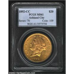 1892-CC $20 MS61 PCGS. Winter 1-A, the only known dies. Solidly graded at the BU level, this lovely.