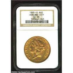 1893-CC $20 AU58 NGC. Winter 1-A. Minimally rubbed with rich green-gold color, this near-Mint surviv