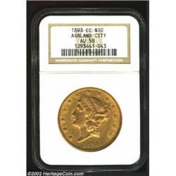 1893-CC $20 AU58 NGC. Winter 1-A. Minimally rubbed with rich green-gold color, this near-Mint surviv