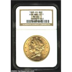 1893-CC $20 MS62 NGC. Winter 1-A. The surfaces of this coin are noticeably brighter than those of th