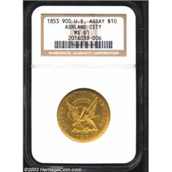 1853 $10 Assay Office Ten Dollar, 900 Thous. MS61 NGC. K-16, Low R.6. The United States Assay Office