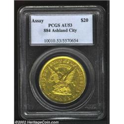 1853 $20 Assay Office Twenty Dollar, 884 Thous. AU53 PCGS. K-17, Low R.7. This coin was previously o