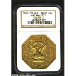 1852 $50 Assay Office Fifty Dollar, 900 Thous. AU50 NGC. K-14, High R.5. This coin was previously of