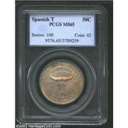 1935 50C Spanish Trail MS65 PCGS. Deep yellow-green and mauve-gray patina. A needle-sharp Gem that h