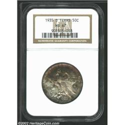 1935-D 50C Texas MS67 NGC. The upper obverse and lower reverse have a deep arc of copper-gold and se