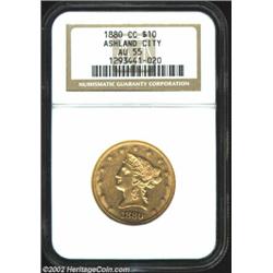 1880-CC $10 AU55 NGC. Winter 1-A, with a moderate reverse die crack (as struck) through the tops of.