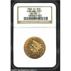 1883-CC $10 AU55 NGC. Winter 1-B, the variety with the first C in the mintmark sharply higher than t