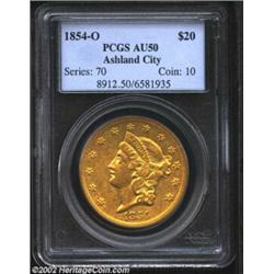 1854-O $20 AU50 PCGS. One date in this long-lived series is both the second rarest O-mint Double Eag