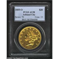 1855-O $20 AU58 PCGS. A second and even finer AU survivor of this important O-mint Double Eagle deli