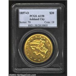 1857-O $20 AU58 PCGS. After a paltry original mintage of 2,250 Double Eagles in 1856, the New Orlean