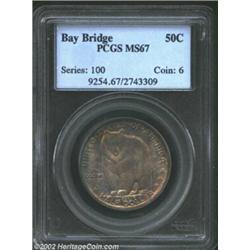 1936-S 50C Bay Bridge MS67 PCGS. Originally toned with vivid orange-gold, lilac, and aqua patina. A.