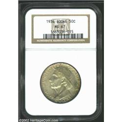 1934 50C Boone MS67 NGC. The otherwise slate-gray toning scheme yields to deep red and violet highli