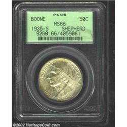 1935-S 50C Boone MS66 PCGS. Ex: Shepherd. Opaque gray and golden color presents a somewhat splotchy.