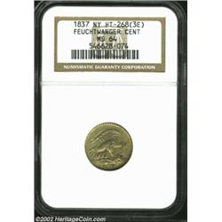 1837 Feuchtwanger Cent MS64 NGC. HT-268(3E), R.3. Golden-gray in appearance, both the obverse and th