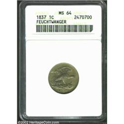 1837 Feuchtwanger Cent MS64 ANACS. HT-268(5G), R.2. Rich dove-gray obverse toning yields to dominant