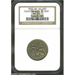 1837 Feuchtwanger Three Cents MS63 NGC. HT-262, R.3. Rich copper-gray patina envelops the obverse. S