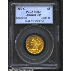 1850-C $5 MS63 PCGS. Winter 15-F. The rarest variety of the year, the 15-F shows a rim-to-rim die br