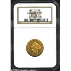 1851-C $5 MS64 NGC. Winter 16-G. This impressive coin is the finest known of this scarce issue and w