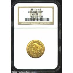 1851-D $5 MS62 NGC. The 1851-D is tied as fifth rarest in the series of Dahlonega Fives. However, it