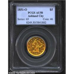 1851-O $5 AU50 PCGS. Like the Quarter Eagle of this date and mint, the 1851-O Half Eagle is a scarce