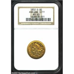 1852-D $5 MS63 NGC. Winter 22-Q. Among Dahlonega Half Eagles, the 1852-D has the second largest mint