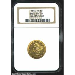 1854-O $5 AU58 NGC. Ex: Bass. The 1854-O is a relatively obtainable O-mint Five, yet only 115-125 pi