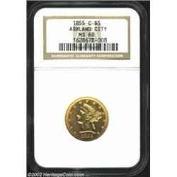 1855-C $5 MS60 NGC. Winter 23-J. While the 1855-C is a moderately scarce Charlotte Half Eagle, it is