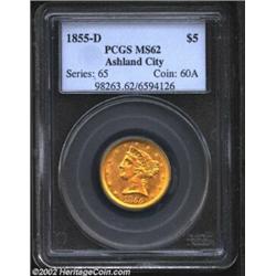 1855-D $5 Medium D MS62 PCGS. The 1855-D is a very scarce and underrated issue in the series of Dahl