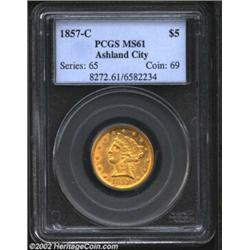 1857-C $5 MS61 PCGS. Winter 25-J. The 1857-C is a relatively available issue in the Charlotte Half E