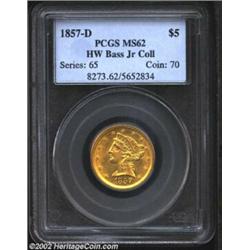 1857-D $5 MS62 PCGS. Ex: Bass. Winter 28-V. Formerly offered as lot 473 in Bass III, where it was de