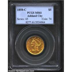 1858-C $5 MS61 PCGS. Winter 26-K. The 1858-C is one of the more frequently encountered Charlotte Hal