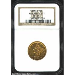 1858-D $5 MS61 NGC. Winter 29-V. Only 15,362 pieces were struck of the 1858-D, and of that number an