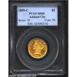 1859-C $5 MS62 PCGS. Winter 27-M. Die State II. Tied for second finest known with the MS62 in the Mi