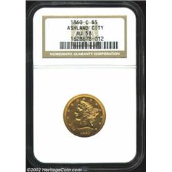 1860-C $5 AU58 NGC. Winter 29-M. This is a far scarcer variety with only a dozen or so pieces known.