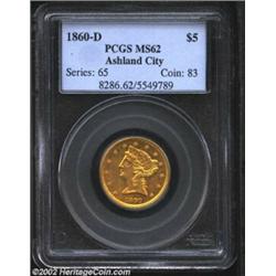 1860-D $5 MS62 PCGS. Like its Charlotte mint counterpart, the 1860-D has an almost identical mintage