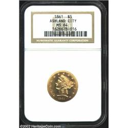 1861 $5 MS64 NGC. An outstanding No Motto type coin. The devices are fully brought up except for the